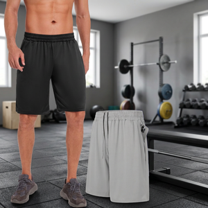Shorts Bermuda pour homme, séchage rapide, tissu tissé, couleur unie, taille élastique avec poches, gris et noir, décontractés et sportifs - Product Image 1