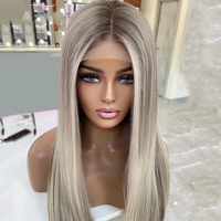 100% cabello humano virgen europeo 13X4 peluca Frontal de encaje Color rubio ceniza pelucas de cabello humano recto sedoso para mujer con Base de seda