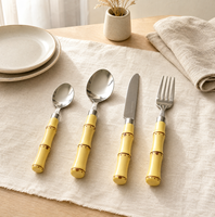 Ensemble de couverts en acier inoxydable 430, manche en bambou et plastique, couverts polis miroir, cuillère, fourchette, couteau, réutilisables, pour la maison et les restaurants