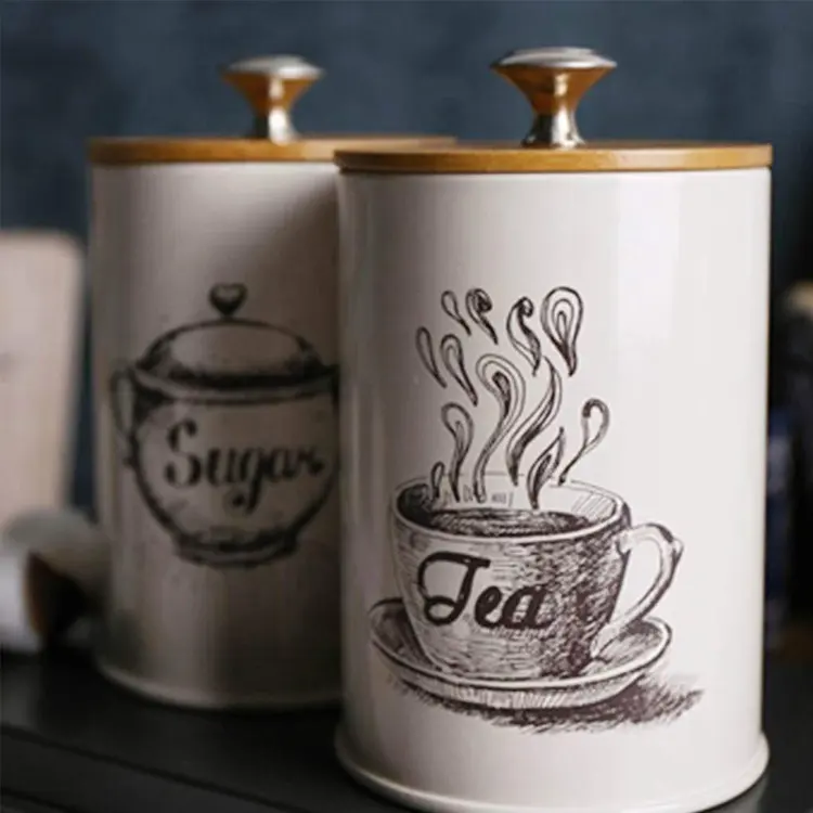 Storage Canister Metal Cream 3-Piece Vintage Retro Food Storage Coffee Sugar Tea Kitchen Canister With Bamboo Lid