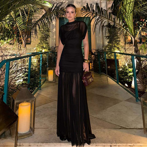 Abito Lungo Sexy Senza Maniche in Rete per Donna, Elegante Vestito con Collo Semi-Alto, Vita Alta, Aderente e Arricciato per Club e Feste 3536 - Product Image 1