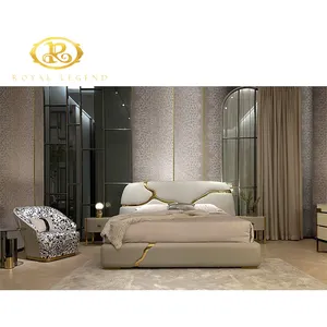 Luxury Design Fashion King Size Bed Design Bedroom Furniture Leather Double Queen Size Luxury Gold Metal Soft Bed
