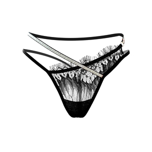 Vente en gros de strings noirs en dentelle pour femmes, brodés, en polyamide, taille basse, avec double ceinture fine, culottes pour adultes - Product Image 5