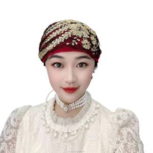Gorro de malla con cuentas y hilo acrílico con diamantes, gorro con pañuelo bordado de encaje y perlas para mujeres árabes musulmanas de Dubái - Product Image 1