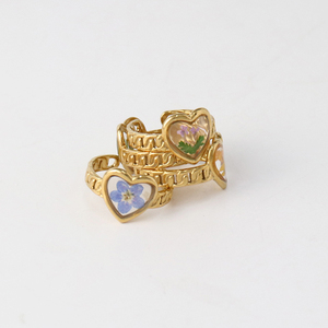Anello Artigianale a Cuore con Fiori Secchi da Donna Placcato <span class=keywords><strong>Oro</strong></span> in Acciaio Inossidabile con Boccioli Pressati di Nontiscordardimé a Fascia Aperta - Product Image 5