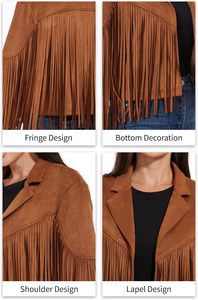 Blazer Corto da Donna in Finta Pelle Scamosciata Vegana S-XXL con Frange, Giacca Invernale in Maglia Effetto Pelle, Modello Tinta Unita, Stile Motociclista - Product Image 5