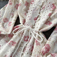 Robe longue décontractée pour femme, imprimé floral, patchwork de dentelle, coupe trapèze, col montant, manches 3/4, taille à nouer, élégante, pour le quotidien et les vacances