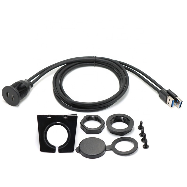 1m 2m Flush Mount Dual USB a 2.0 to USB C Female Car Dash Panel Mount USB Ports Extension Cable for Car Stereo Radio Accessories
