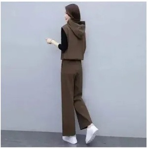 Women's Three Piece Suit Set Hooded Sleeveless Top Wide Leg Pants Casual Wear Black Coffee Color Polyester Knitted - Product Image 2