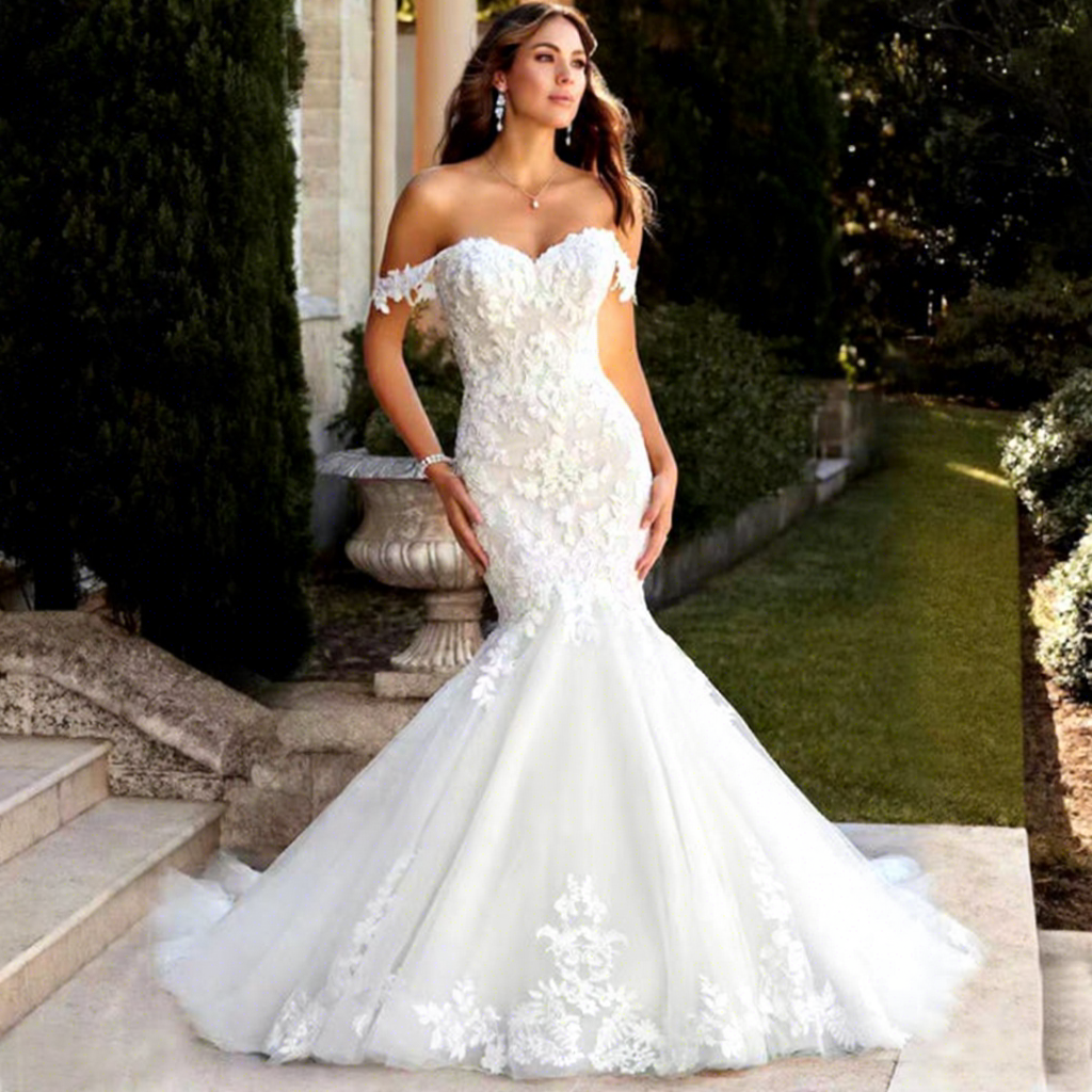 chinese dress ladies Elegant Long Cutout Lace Train Crepe Mermaid Wedding Dress