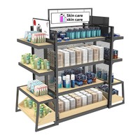 Nouvelle Gondole Cosmétique de Luxe Double Face Robuste avec Éclairage LED, Écologique, Cadre Métallique et Étagères en Bois Ajustables et Mobiles