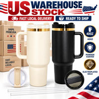 Gobelet de voyage isotherme 40oz pour voiture avec poignée et paille, en acier inoxydable thermolaqué, plaqué or, entrepôt USA