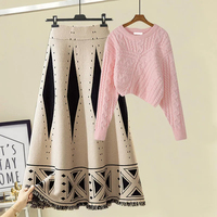Nouveau automne et hiver mode col rond pull tricoté pull jupe ample deux pièces ensemble pour les femmes