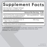 Sports Research 60 gélules de Vitamine D3 + K2 avec huile de noix de coco, certifié végétalien, sans soja, 5000 UI Vitamine D MK7, 100 µg Vitamine K pour