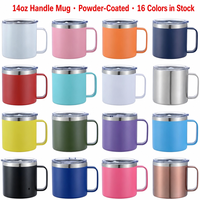 Mug à poignée de 14 oz avec couvercle, 16 couleurs en stock, en acier inoxydable thermolaqué, tasse à café pour le camping, les voyages, le bureau, cadeau, vente en gros