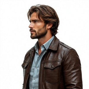 Blouson moto en cuir marron gaufré pour homme, col rabattu, fermeture éclair, coupe classique, couleur unie, idéal pour l'automne - Product Image 3