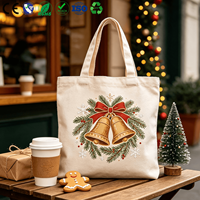 Bolsa de Lona Navideña Reutilizable, Bolsa de Regalo de Algodón con Diseño Divertido de Santa Claus y Alces, Bolsa de Compras Navideña Lavable