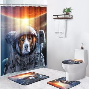 Cortina de Ducha de Poliéster con Diseño de Perro Astronauta al Atardecer Naranja, Cortina de Baño con Impresión Digital, Impermeable, Impresión Personalizada, Venta al por Mayor, Moderna - Product Image 1