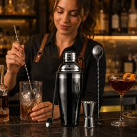 Ensemble de shaker à cocktail noir canon de fusil 4 pièces en acier inoxydable, outils de bar Cobbler avec doseur, cuillère de bar et paille pour bar à domicile