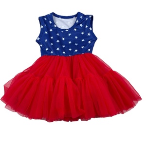 Abito Estivo Personalizzato per Bambine con Patchwork per il 4 Luglio, Vestito Stampato alla Moda per Bambini, Abiti in Tulle Rosso - Product Image 1
