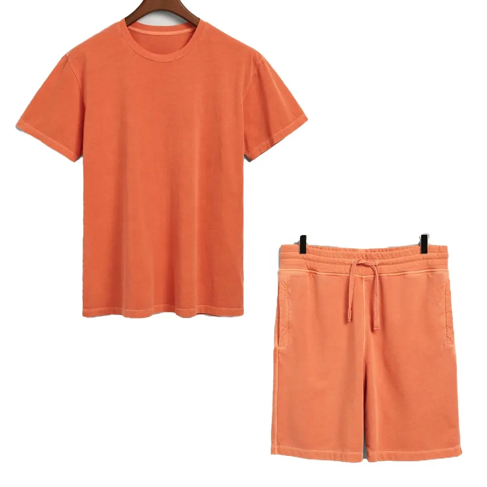 KY düz giyim 2 parça kısa Set erkekler boş şort toptan kumaş pamuk turuncu örgü seti