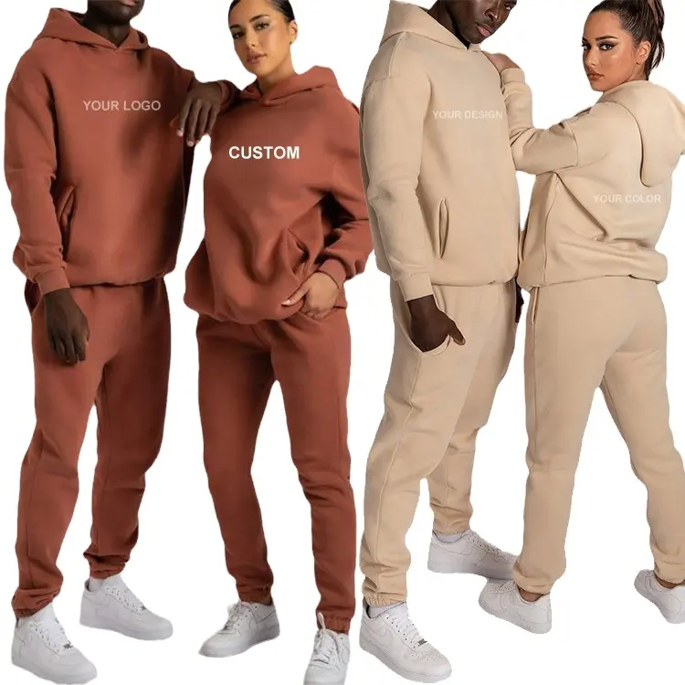 Wholesales Design Your Own Cheap Fleece Lined Polyester Hoodie sweatshirt Jogger Pants Sweatsuit Tracksuit Set For Women and Men