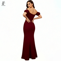 Robe de soirée rouge bordeaux à épaules dénudées, manches bouffantes, en velours, avec fente, élégante, pour femmes, marque de vêtements sur mesure