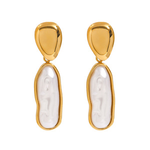 ต่างหูมุกทรงหยดน้ำ ชุบทอง 18k สแตนเลสสตีล ทรงเรขาคณิต ประดับขอบแบบ Bezel เหมาะสำหรับใส่ทุกวัน - Product Image 1