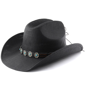 Precio de fábrica Sombrero de vaquero occidental retro elegante estilo Texas, Sombrero de paja de papel pintado al por mayor, Cinturón para sombrero de vaquero mexicano - Product Image 4