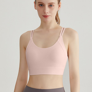 Soutien-gorge de sport pour femme à double bretelle fine, dos croisé, fermeture à crochet, rembourré, maintien léger, col ras du cou, coupe courte, pour yoga et entraînement en salle de sport - Product Image 1