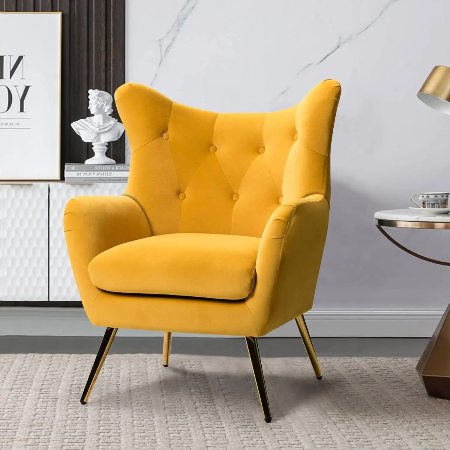 Modern Wingback Arm Chair Tufted Upholstered Living Room Bedroom Yellow Velvet Accent Lounge Chair