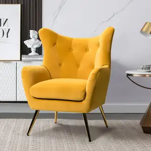Cadeira de braço Wingback moderna estofada em veludo amarelo para sala de estar e quarto