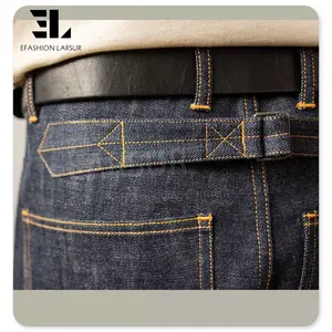 LARSUR Custom Denim Hersteller Bukleback Arbeit Raw Web kante Denim Jeans Männer Paris Schnalle gerade Baggy Red Web Edge Denim Hose