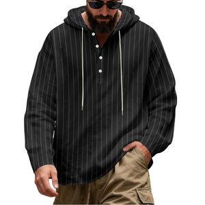 <b>Men's</b> Striped Hooded Long Sleeve Casual <b>Shirt</b> With Button Closure Full Sleeve 160gsm Spring Autumn Wear - Product Image 2
