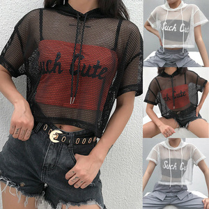 Camiseta con capucha de red de malla hueca para mujer, camisetas de manga corta, ropa de fiesta Swxy negra transparente - Product Image 1