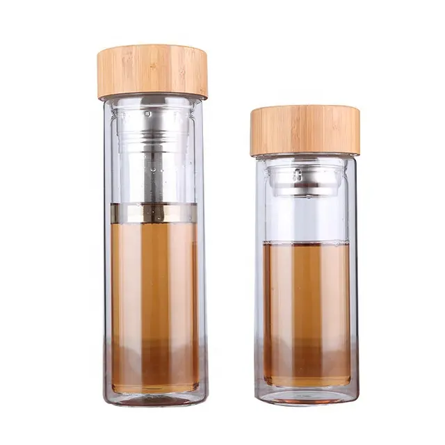 Botol Air Kaca Tutup Bambu Dinding Ganda, 350ML 450ML dengan Infuser Teh