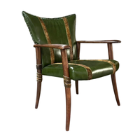 Fauteuil de salle à manger de luxe en cuir véritable vert, style occidental mi-siècle, en bois, pour restaurant, club, accent en cuir de vachette