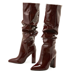 2023 New Lacquer Leather Mid Sleeve <b>Boots</b> with Side Zipper Natural Wrinkle Pointed Thick Heels Fashion Women's <b>Boots</b> - Product Image 4