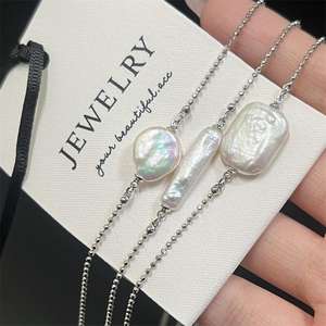 Collier en perles de forme baroque Zhizhen Tamsui, chaîne de clavicule, bouton, petite barre argentée ou en or 14 carats, barre carrée, choix libre - Product Image 3