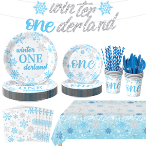 Serviettes et assiettes à dîner flocon de neige pour la décoration d'<span class=keywords><strong>anniversaire</strong></span> sur le thème du pays des merveilles d'hiver, pour le 1er <span class=keywords><strong>anniversaire</strong></span> des garçons, collection Hiver Bleu - Product Image 1