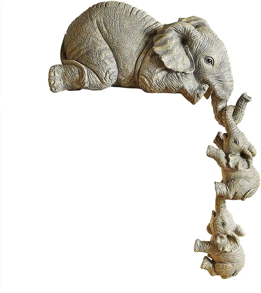 Estatueta de elefante de resina, mãe, dois bebês, pendurados, borda, estatueta de elefante, resina, decoração de casa