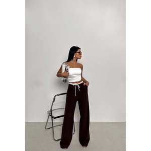 <b>Brown</b> Ladies Trousers Front-<b>Tie</b> Closure Breathable Soft Elastic Waist Mid Waist Modern Classic Style Woven Autumn XL XS Colored - Product Image 2