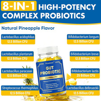 Complément alimentaire en gommes prébiotiques et probiotiques 8-en-1 végétaliennes sans sucre, saveur ananas naturelle, pour la santé intestinale, marque distributeur