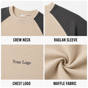<span class=keywords><strong>Felpa</strong></span> con Etichetta Privata per <span class=keywords><strong>Uomo</strong></span>, <span class=keywords><strong>Beige</strong></span> e Grigio Antracite, Maniche Raglan a Contrasto, Lavorazione Waffle, Ricamo, Pullover Oversize - Product Image 4