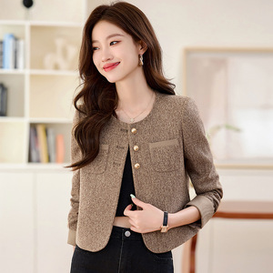 Beige Blazer For Women Spring Autumn 2024 Slim Fit Anti Wrinkle Solid Color Polyester Worsted Jacket - Product Image 2