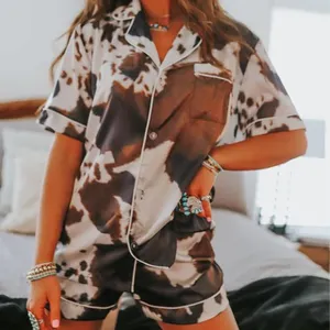 Tây Nam Tây lấy cảm hứng từ da bò Đồ Ngủ Cowgirl PJs Womens hai mảnh Pajama ngắn thiết lập Mượt Màu Nâu da bò Pajama Bộ