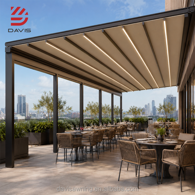 Waterproof Retractable Fabric Roof Pergola with LED Lighting and Windproof Roller Screens for Patio Garden Dining Spaces