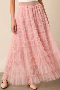 Falda maxi de tul con volantes escalonados, color rosa polvoriento, sostenible, transpirable, antiestática, con cintura natural, estilo casual. - Product Image 4