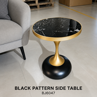 Table d'appoint ronde en MDF imprimé motif marbre noir avec piétement en fer doré et base noire pour salon, hôtel, OEM, ODM