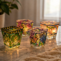 Jarrón de vidrieras 3D, decoraciones coloridas, candelabros brillantes, tarro de vela con diseño de flores, dibujos de pájaros, tarros de urnas